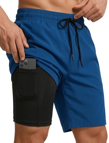 Buauty Men's Blue 7 Inch Swim Trunks with Compression Liner & Pockets - Quick Dry Board Shorts Large