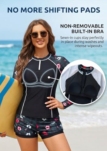 Daci Women's Long Sleeve Rash Guard Set - Black Flower, Size Large