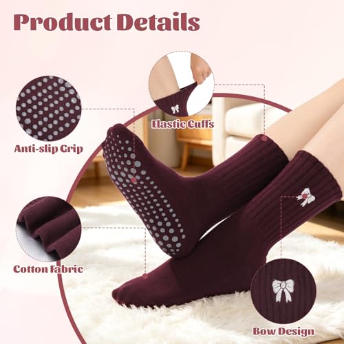 Cute Pilates Socks with Grips - Bow Ruffle Anti-Slip Socks - 4 Pairs