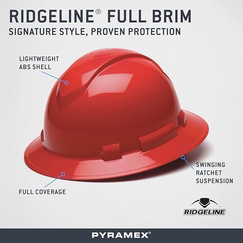 Pyramex Ridgeline Full Brim Hard Hat 4 Point Ratchet Red