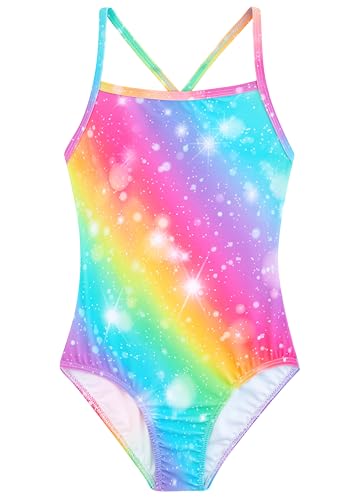One-Piece Girls Swimsuit - Cute Crossback Straps, 4-5T Rainbow