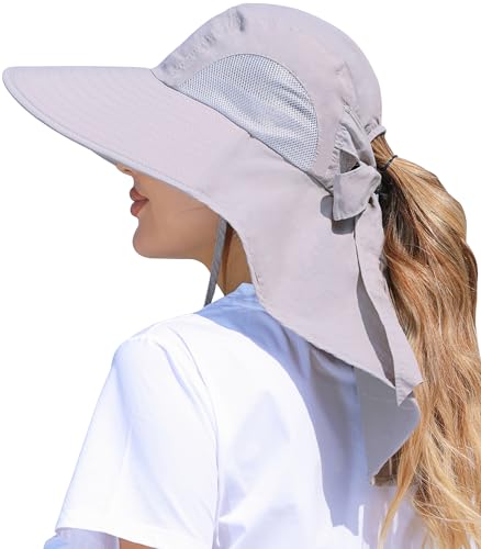 Women's Light Gray Wide Brim UV Sun Hat with Ponytail Hole & Neck Flap - One Size Outdoor Hat