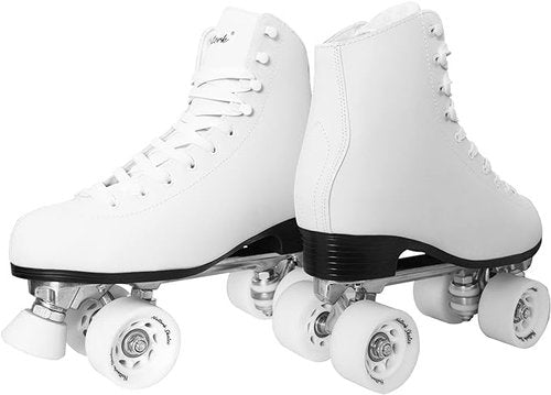 Roller Skates for Women with PU Leather High-top Double Row Rollerskates, Unisex-Adult Indoor Outdoor White Derby Skate Women Size 9 with Adjustable Fast Braking for Beginner