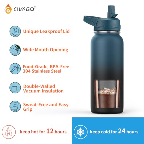 CIVAGO Indigo Black 64 oz Insulated Stainless Steel Water Bottle with Straw & 3 Lids