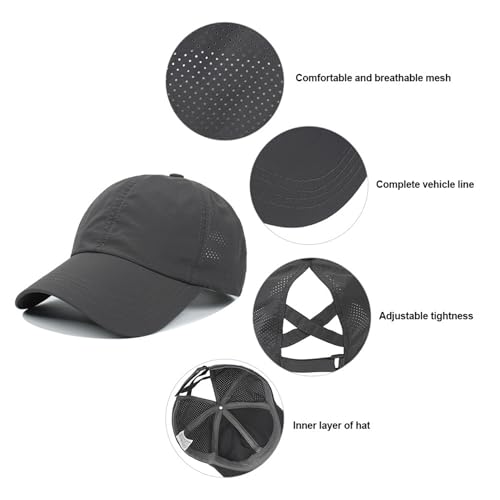 Adjustable Quick Drying Cross Ponytail Baseball Cap - Black
