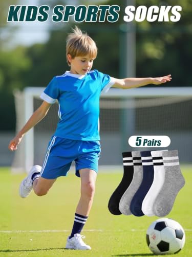 Kids Crew Socks - Combed Cotton Unisex School 5 Pairs - Black, Gray, White, Navy Blue