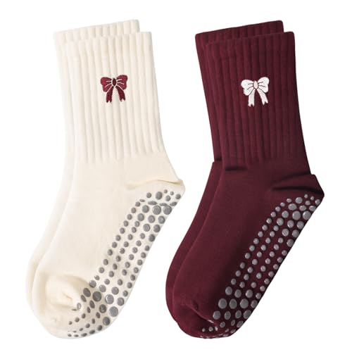 Women's Pilates Grip Socks, Ruffle Non Slip Bow Pattern Yoga Socks