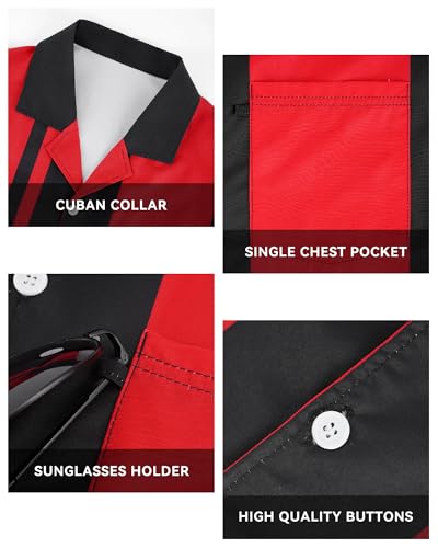 SEAOYOZO Bowling Shirts for Men Short Sleeve Hawaiian Button Down X-Large Black Red Colorblock