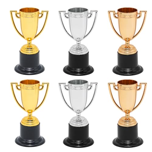 Mini Trophy Cups Set - 6 Pcs 4 Inch Plastic Awards in 3 Colors