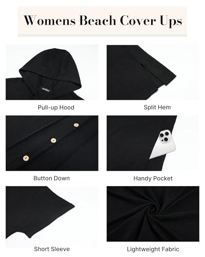 Bsubseach Women's Hooded Beach Cover Up Shirt Dress with Pockets - Large, Black