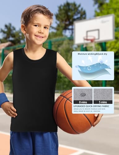 Boys Compression Tank Top - Quick Dry Athletic Base Layer - Black, Medium