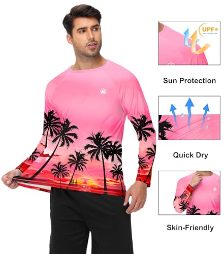 Mens Long Sleeve Swim Shirt - Quick Dry Sun Protection Rash Guard - X-Large Palm Pink