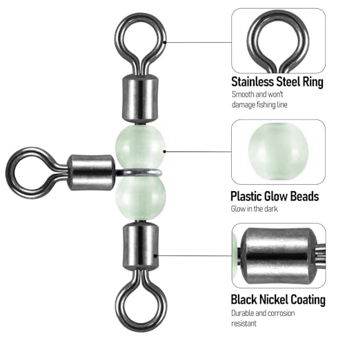 20 Pack 3-Way Fishing Swivels with Glow Beads Stainless Steel T-Shape Catfish Rig 40LB