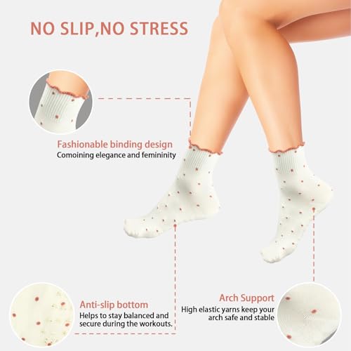 Non-Slip Women's Pilates Grip Socks - Polka Dot Heart - Yellow - 1 Pair