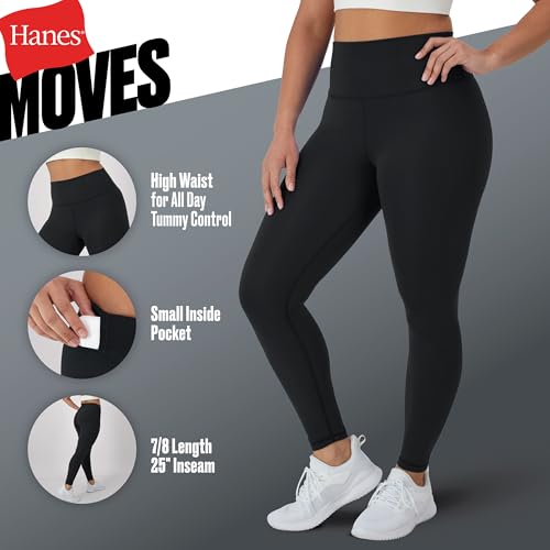 Hanes Womens 7/8 Black Leggings with Pockets, Large Size, Moisture Wicking