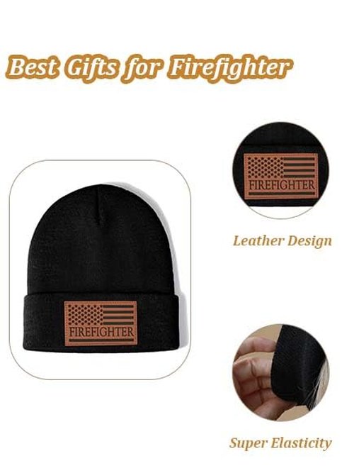 Firefighter Beanie Hat Gifts for Men Leather Fire Fighter American Flag Patriotic Birthday Graduation Retirement Appreciation Gifts for Dad Husband Accessories Stuff Gear Tools
