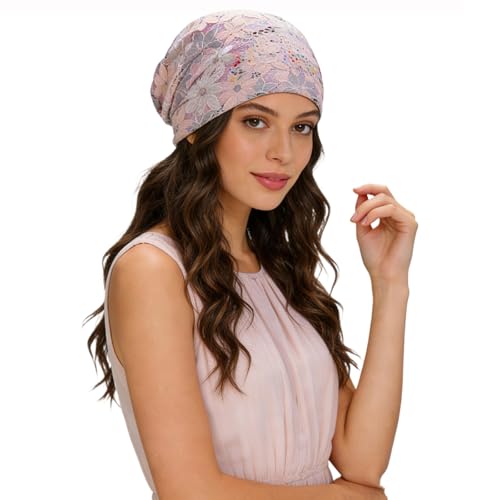 Light Pink Rhinestone Lace Beanie for Women - Lightweight Fashion Hat