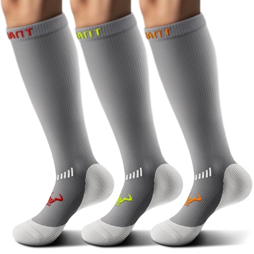 Cushioned Compression Knee High Sports Recovery Socks - Small-Medium, 3 Pairs Gray
