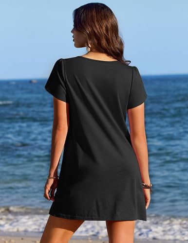 Petal Short Sleeve Swimsuit Coverup Dress - Black, Large