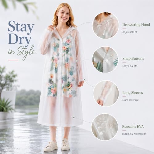 Reusable Waterproof Rain Ponchos for Adults - Translucent White (2 Pack)