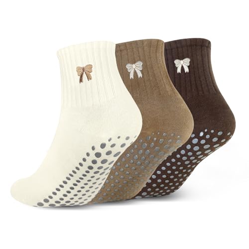 Non-Slip Pilates Grip Socks for Women - Off White, Light Brown, Brown
