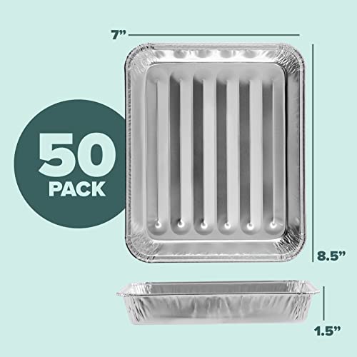 PlasticPro 50 Pack Disposable Aluminum Grill Liners 8.5x7 Inches - Ribbed Drip Pans for Grilling & Broiling