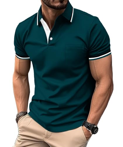 ZITY Men's Polo Shirt with Pocket, Moisture-Wicking Collared Golf Top, XL Dark Teal Blue