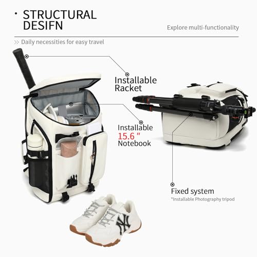 JYColofex Almond White Tennis & Travel Backpack with Shoe Compartment & Waterproof 15.6-inch Laptop
