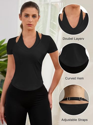 V Neck Slim Fit Workout Tops for Women - Black, Medium