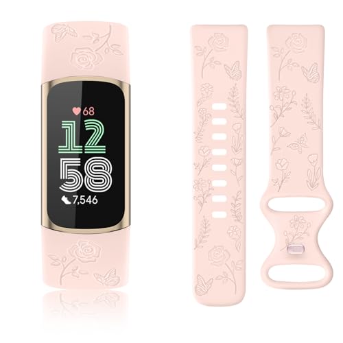 Floral Engraved Replacement Band for Fitbit Charge 6/5 - Light Pink