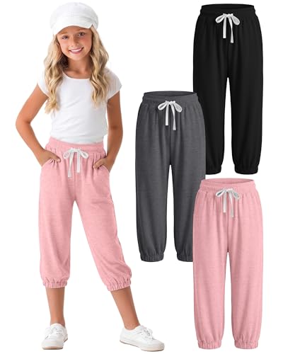 3-Pack Girls Capri Joggers - Black, Pink, Dark Heather Gray