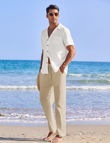 COOFANDY Men's 2-Piece Linen Beach Outfit - Large White Shirt & Khaki Pants Set