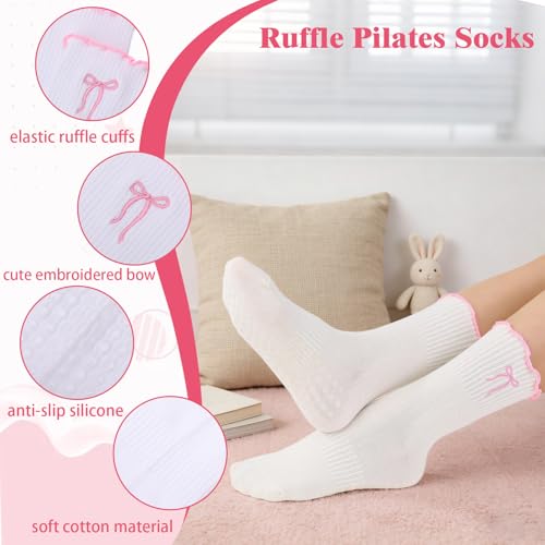 Grip Socks for Women - Cotton Ruffle Bow Yoga & Pilates - 5-Pair Set - Off-white, Pink, White, Black, Gray