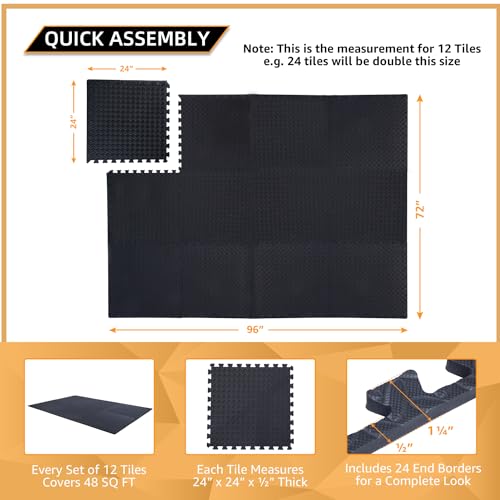 Extra Thick 24" x 24" Foam Floor Tiles - 12 Pack, Black