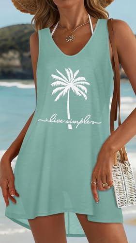 Women's Light Blue Coconut Tree Bikini Coverup Tank Dress - Large