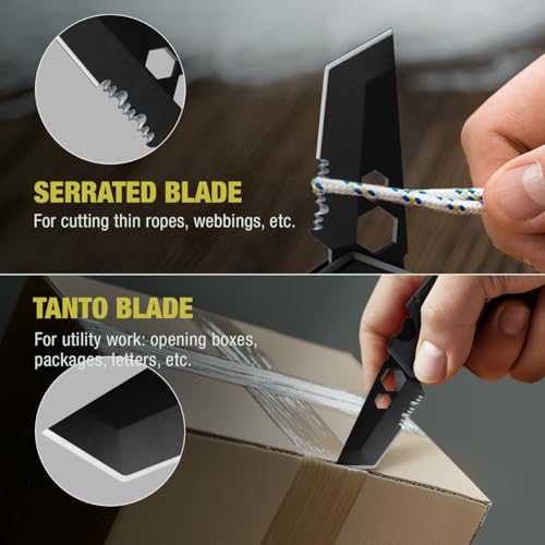 Mini Keychain Knife with Carabiner - 1.3" Tanto Serrated Blade - Black