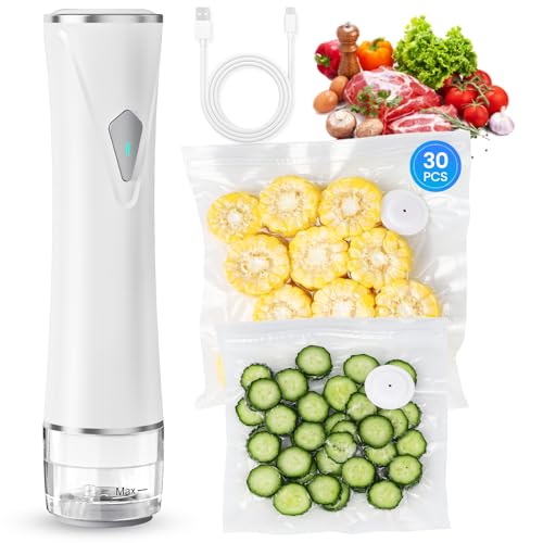 White Handheld Vacuum Sealer with Visible Tank, Portable Food Saver, 30 Reusable Bags