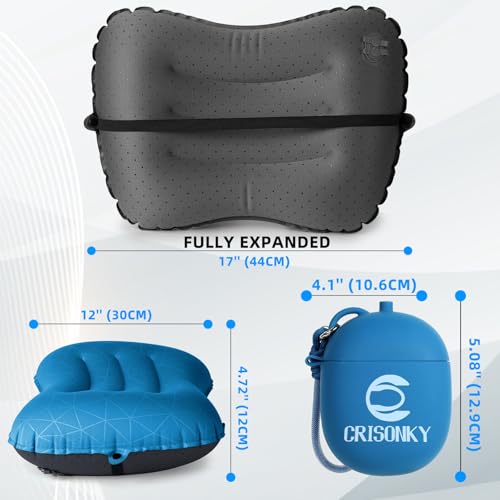 Navy Blue Inflatable Camping Pillow with 2-in-1 Air Pump & Storage Bag