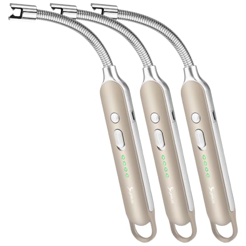 SUPRUS Electric Rechargeable Arc Lighter with LED Battery Display — Gold, 3 Packs, 360° Bendable Neck