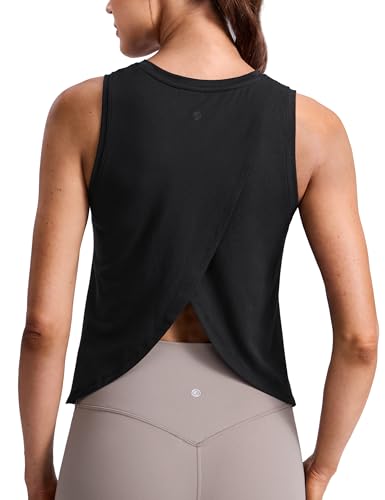CRZ YOGA Cotton-Blend Open Back Tank Top for Women - Medium Black