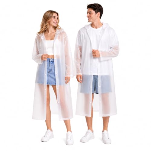 Reusable Waterproof Rain Ponchos for Adults - Translucent White (2 Pack)