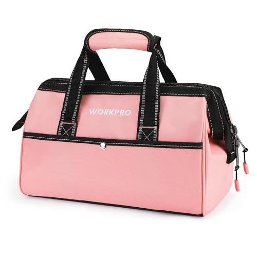 WORKPRO 13-Inch Tool Bag, Pink Soft Cloth Tool Storage Bags, Wide Mouth Tool Tote Bag with Inside Pockets - Pink Ribbon