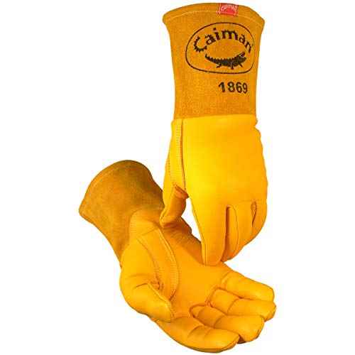 Caiman Premium Top Grain Goatskin MIG Welding Gloves, DuPont Kevlar Stitching, Unlined, 4-inch Gauntlet Cuff, Gold, Large (1869-5)