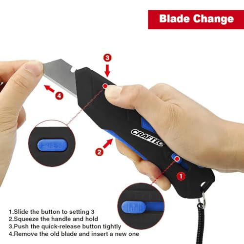 Retractable Utility Knife Box Cutter with Holster & Lanyard - The Ultimate Tool for Precise Cuts, 3 Blade Settings, Ergonomic Design, Left & Right Hand Friendly, Quick Blade Change CT5 (Blue)
