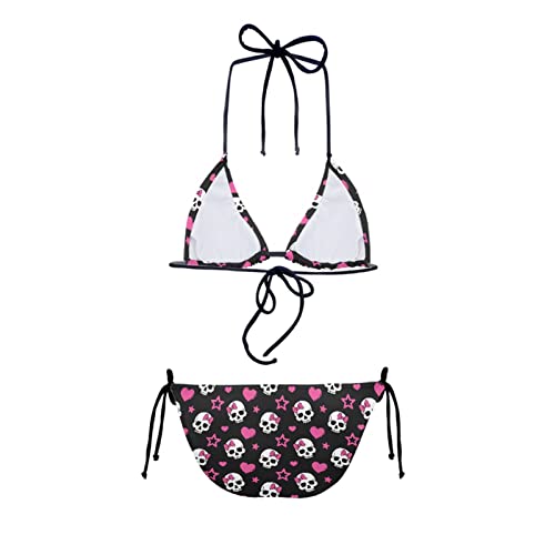 JEOCODY Women's High Waist Halter Bikini Set Small Pink Heart Skull Print Two-Piece Swimsuit