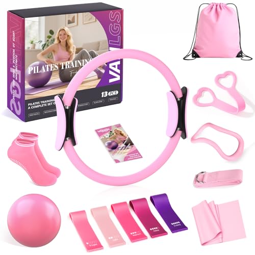 Pilates Kit - 13-Piece Home Workout Set with Ring & Ball - Pink