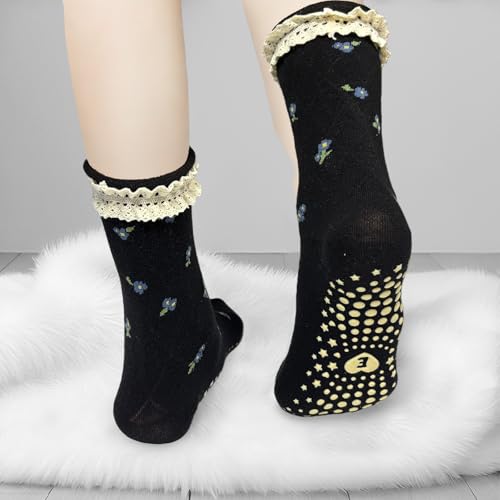 Non-Slip Pilates Grip Socks for Women - Floral Ruffle - Black/White/Khaki