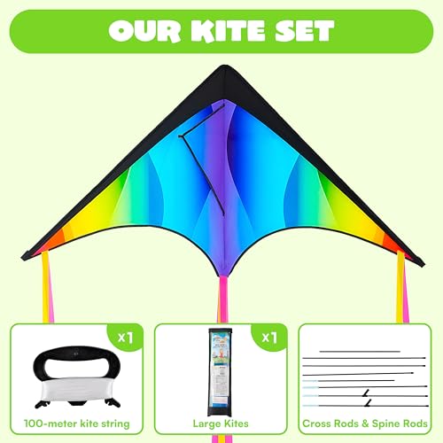Large Delta Kite - Gradient Rainbow Easy Flyer for Kids & Adults