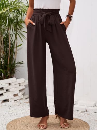 Heymoments Women's Linen Wide Leg Pants with High Waist, Dark Brown (Size S) – Elastic Drawstring, Deep Pockets