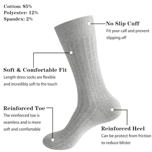 PUJANE Men's Dress Crew Socks 5 Pairs - Beige, Coffee, Grey, Navy, Light Grey, 9-12